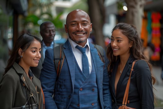 Diverse group smiles together outdoors medium shot photo
