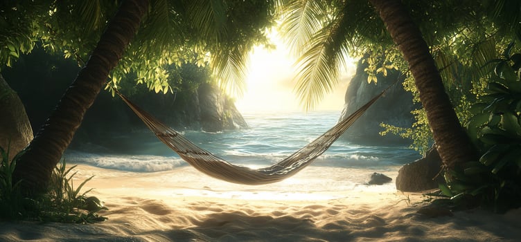 Serene hammock scene on a secluded tropical beach at sunrise. photo