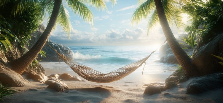 Serene hammock on a tropical beach at sunrise, ocean waves gently lapping the shore. photo
