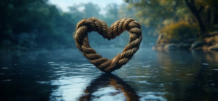 Rope heart shape on tranquil water, nature background. photo