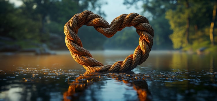 Rope heart shape on calm water, scenic forest background. photo