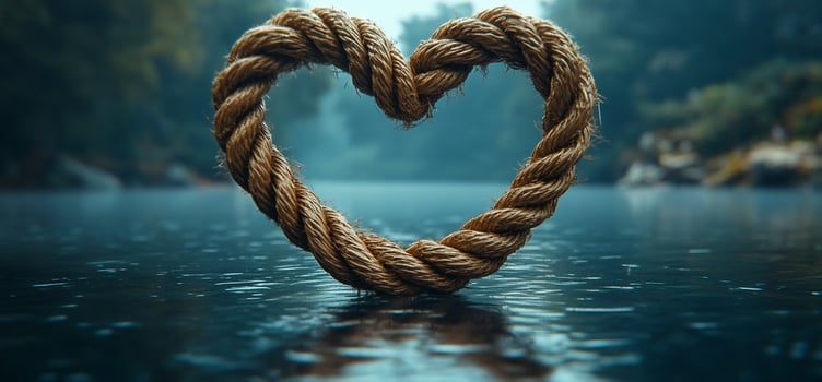 Rope heart shape on tranquil water, rainy day. photo