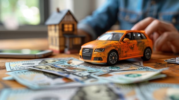 Investment and finance concepts with model car house and us currency photo