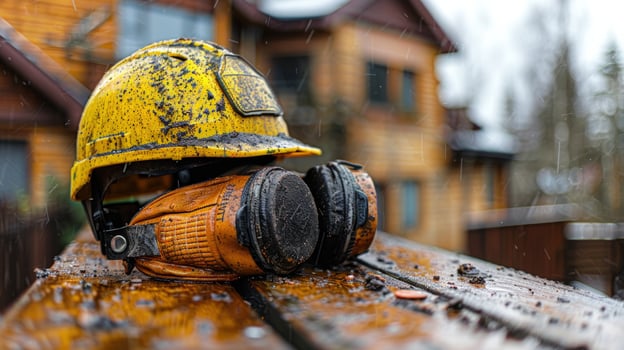 Worn hardhat and ear protection on wet wood surface construction industry safety equipment photo