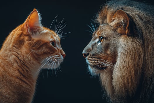 Orange tabby cat and majestic lion faceoff against dark background. photo
