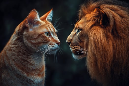 Closeup of a ginger cat and a majestic lion facing each other. photo