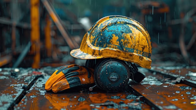 Worn hard hat gloves and headphones on industrial surface construction and safety equipment photo