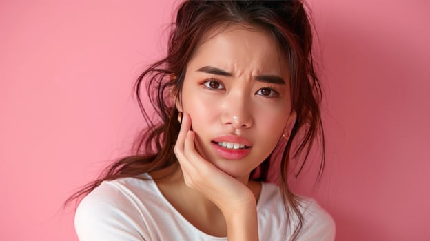 Worried woman touching face against pink background portrait photo