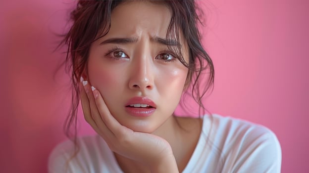 Worried young woman touching her face against a pink backdrop expressing sadness photo