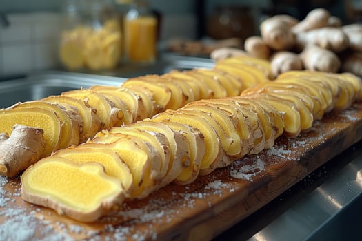 Fresh sliced ginger root on wooden board for culinary use photo