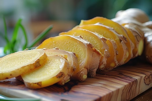 Fresh ginger root slices on wooden board macro studio shot food ingredient photo