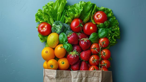 Healthy food abundance fresh produce overflowing from shopping bag photo