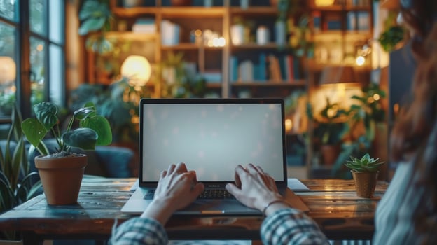 Person typing on laptop at home office with plants and natural light photo
