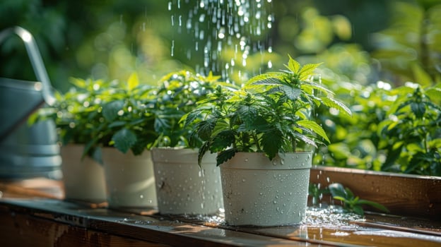 Watering potted plant seedlings in outdoor garden photo