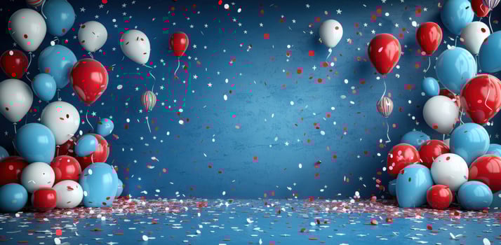 Festive celebration with red white and blue balloons and confetti background for party event or holiday photo