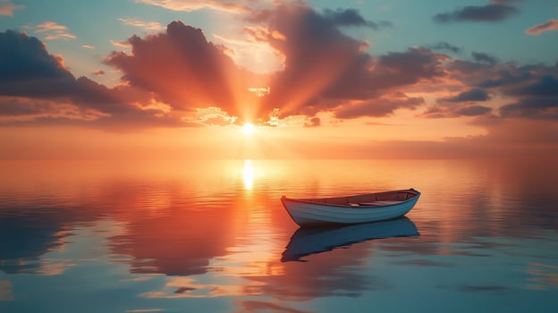 A boat floating in the water at sunset photo