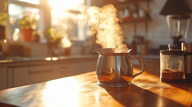 Steaming hot beverage in a metal creamer on a kitchen counter in the morning sunlight. photo