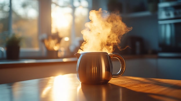 Steaming hot beverage in a metallic jug on a kitchen table at sunrise. photo