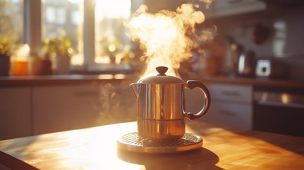 A coffee pot on a table with steam coming out of it photo