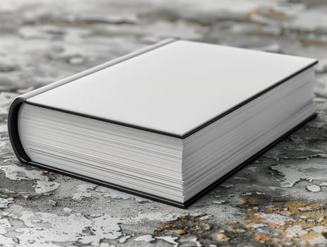 Closed book with white cover on aged surface for knowledge and educational content photo