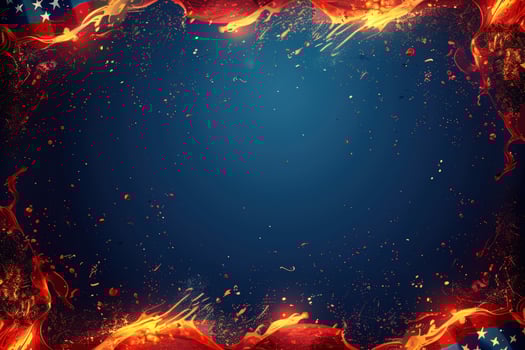 Dynamic abstract frame design on dark blue backdrop with liquid red and gold texture photo