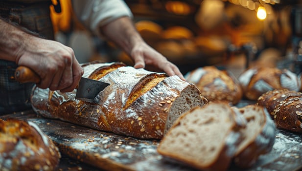 Artisan bread slice preparation with golden crust and grains photo