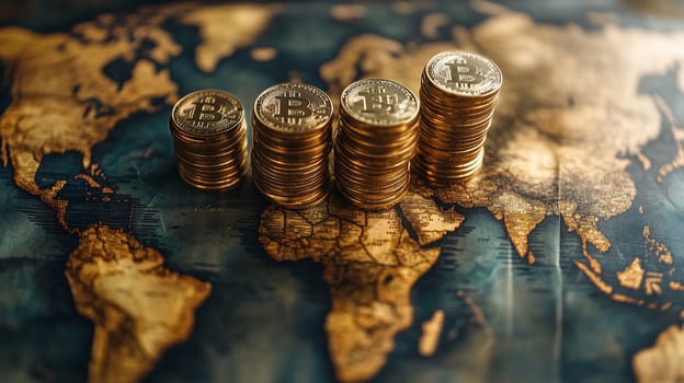 Bitcoin stacks on a world map, illustrating growth. photo