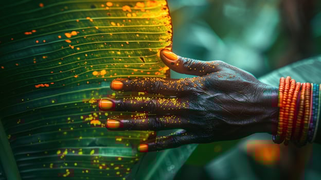 Hand resting on leaf organic beauty and natural adornment close up photo