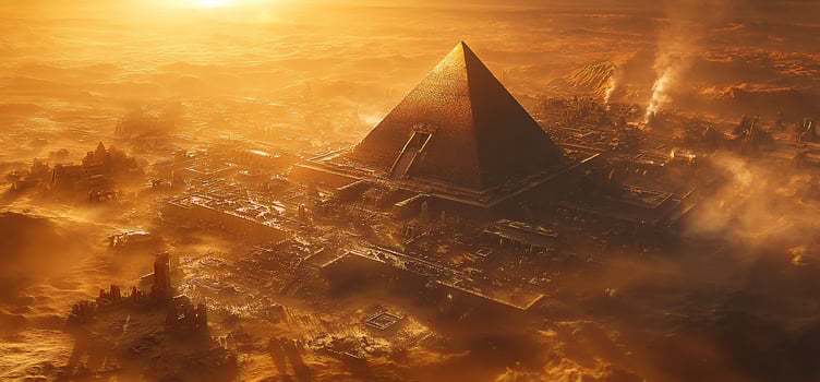 Majestic pyramid at sunset, ancient city ruins in desert. photo
