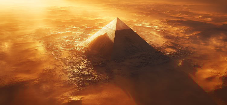 Majestic pyramid in desert landscape at sunset. photo