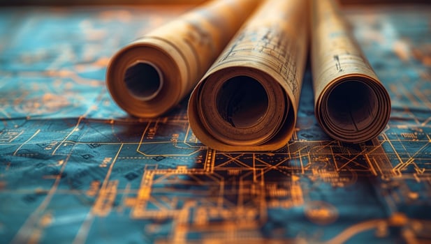 Technical drawings on circuit board background engineering blueprint technology concept photo