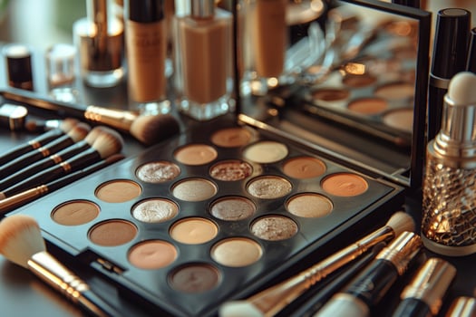Makeup palette brushes and foundation for beauty and cosmetics photo