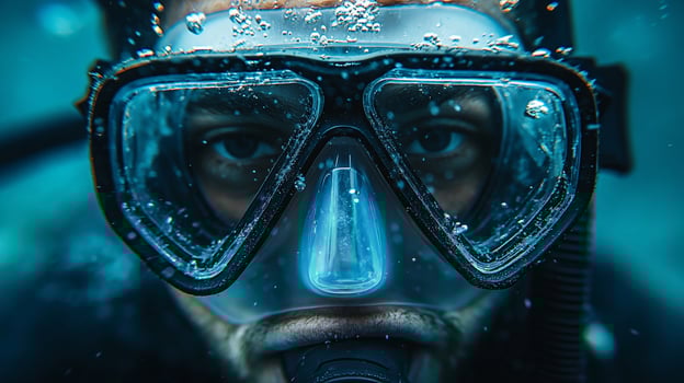 Closeup of a divers face underwater, bubbles visible. photo