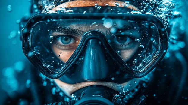 Closeup of a scuba divers face underwater, bubbles surrounding the mask. photo