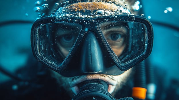 Closeup of a scuba divers face underwater, bubbles visible. photo
