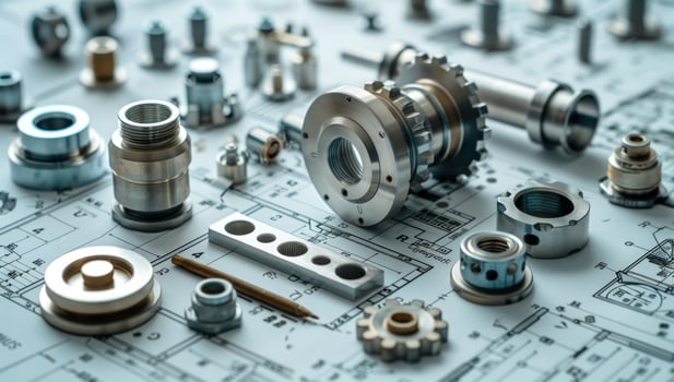 Metal engineering components arranged on blueprint technical design photo