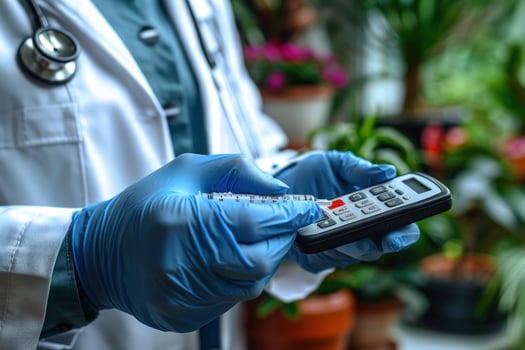Medical professional preparing injection with electronic device in clinical setting photo