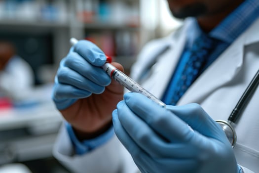 Medical professional prepares injection vaccine syringe in clinic setting photo