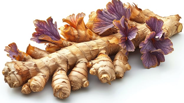 Fresh ginger root with purple flowers culinary herb botanical ingredient photo