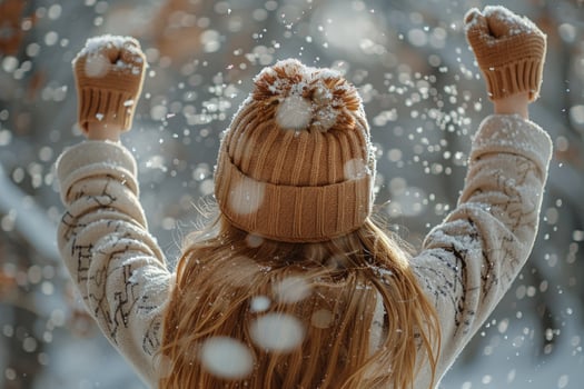 Woman in winter hat and mittens raising arms in snowfall photo