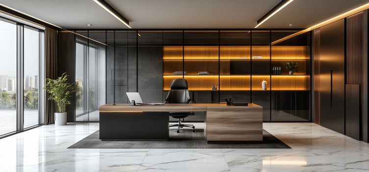 Modern luxury office interior design with large windows, marble floors, wooden desk, and glass shelving. photo