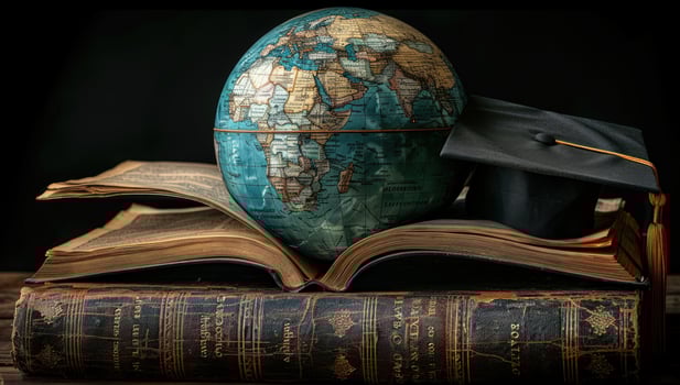 Globe resting on open book with graduation cap concept photo