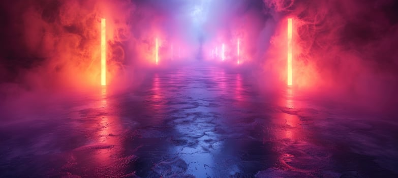 Colorful neon lights with a smoky abstract background reflecting on a liquid floor photo