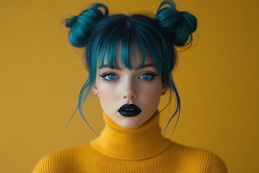 Woman with teal hair, dark lipstick, and yellow turtleneck. photo
