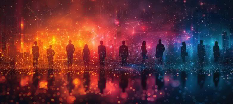 Interconnected people in a digital network futuristic city background photo