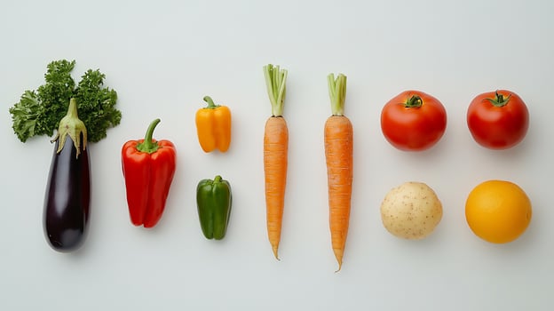 Flat lay of fresh vegetables eggplant, bell peppers, carrots, tomatoes, potato, orange. photo