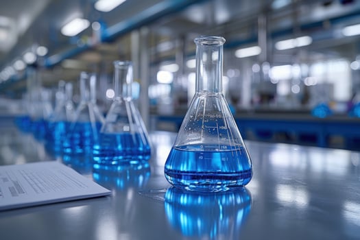 Science laboratory glassware with blue liquid chemical research photo