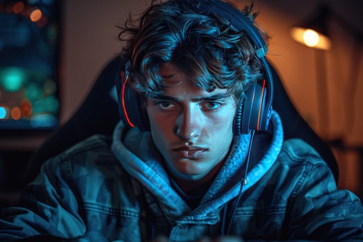 Focused young gamer immersed in digital entertainment with headphones in blue tone indoors photo