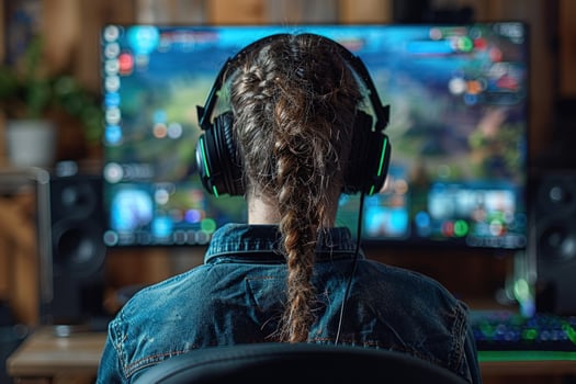 Person gaming with headphones at computer monitor displaying online game photo