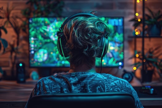 Engaged gamer immersed in virtual world with headset and glowing screen photo